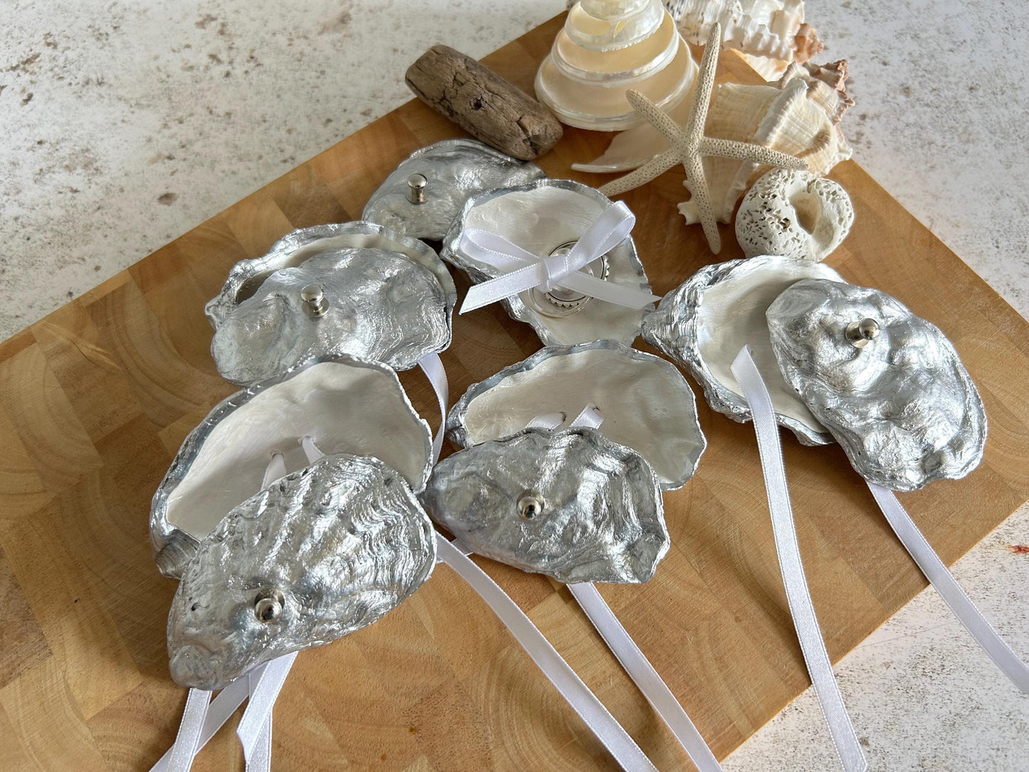 Silver Oyster Shell Ring Box. Beach Wedding Ring Bearer Holder.