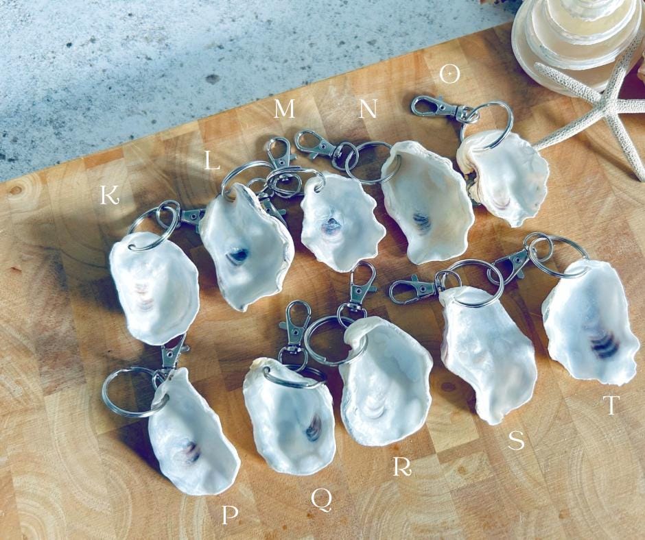 Oyster Shell Keychain.  Natural Beach Bag Charm, Coastal Keyring favour.