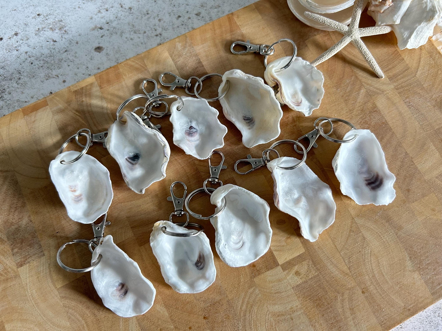 Oyster Shell Keychain.  Natural Beach Bag Charm, Coastal Keyring favour.