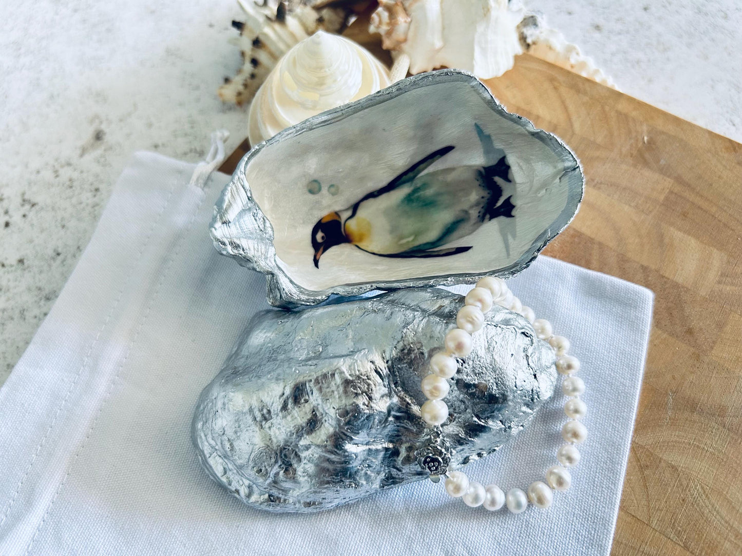 Silver Penguin Oyster Shell Ring Dish. Sea Life Jewellery Holder.