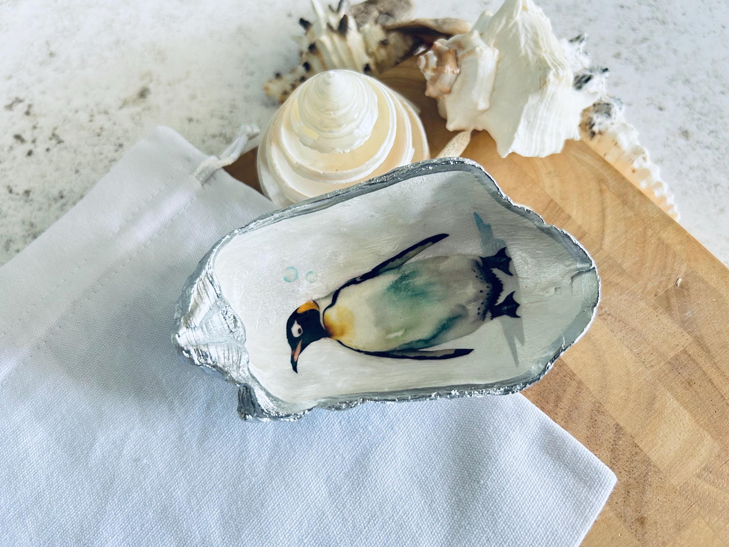 Silver Penguin Oyster Shell Ring Dish. Sea Life Jewellery Holder.