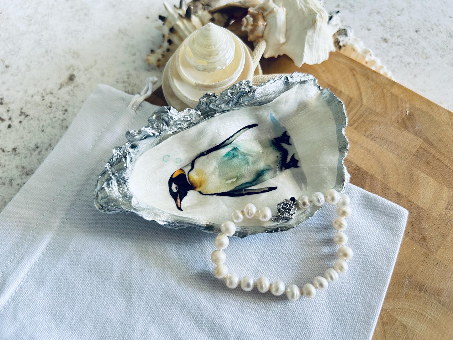 Silver Penguin Oyster Shell Ring Dish. Sea Life Jewellery Holder.
