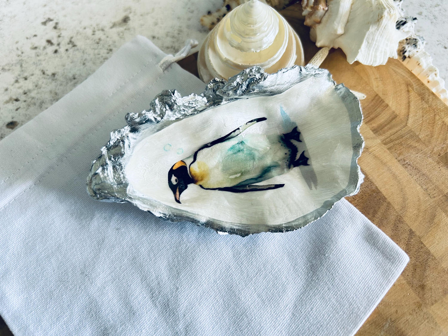 Silver Penguin Oyster Shell Ring Dish. Sea Life Jewellery Holder.
