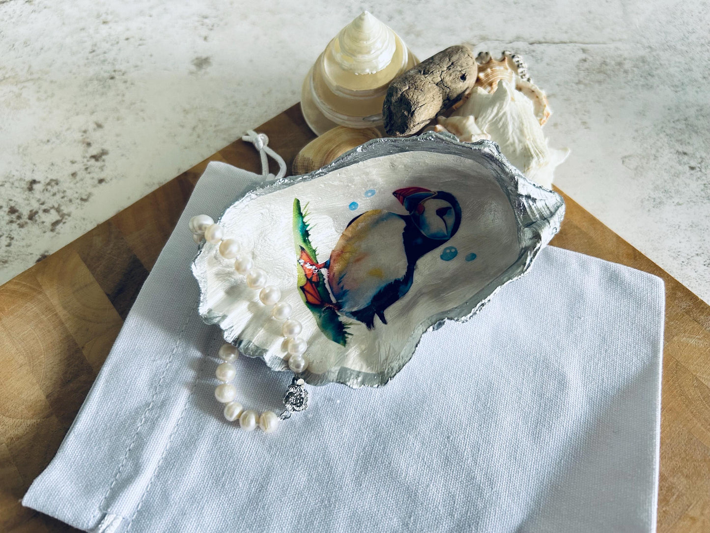 Silver Decoupage Puffin Oyster Shell Ring Dish. Beach House Trinket Holder.