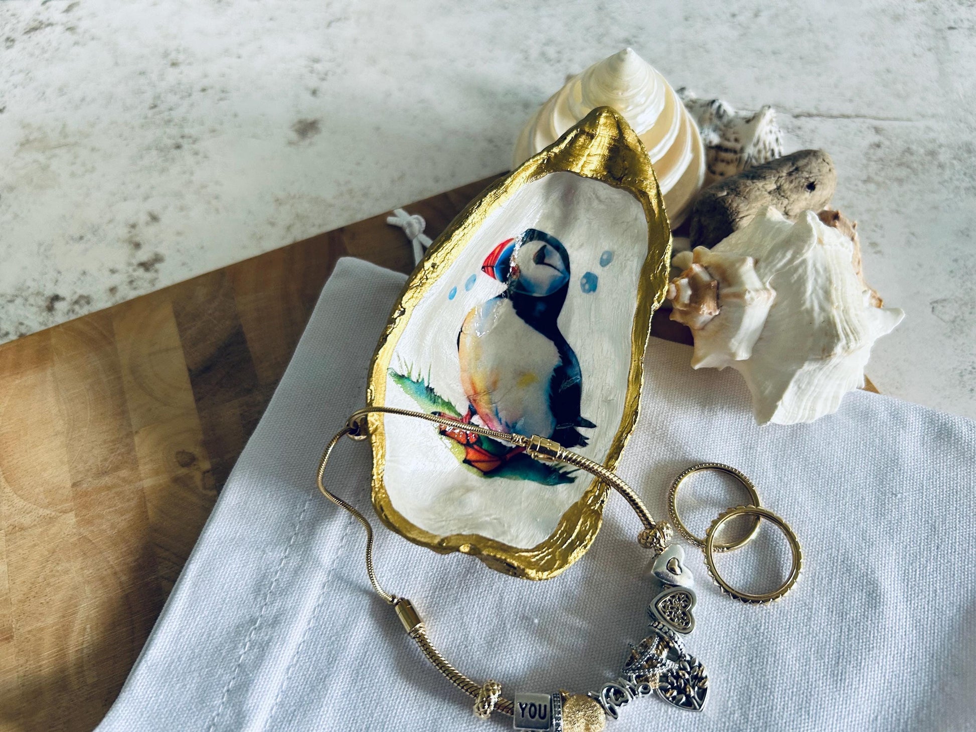 Puffin Oyster Shell Trinket Dish. Gold Beach House Decor Trinket Hilder.