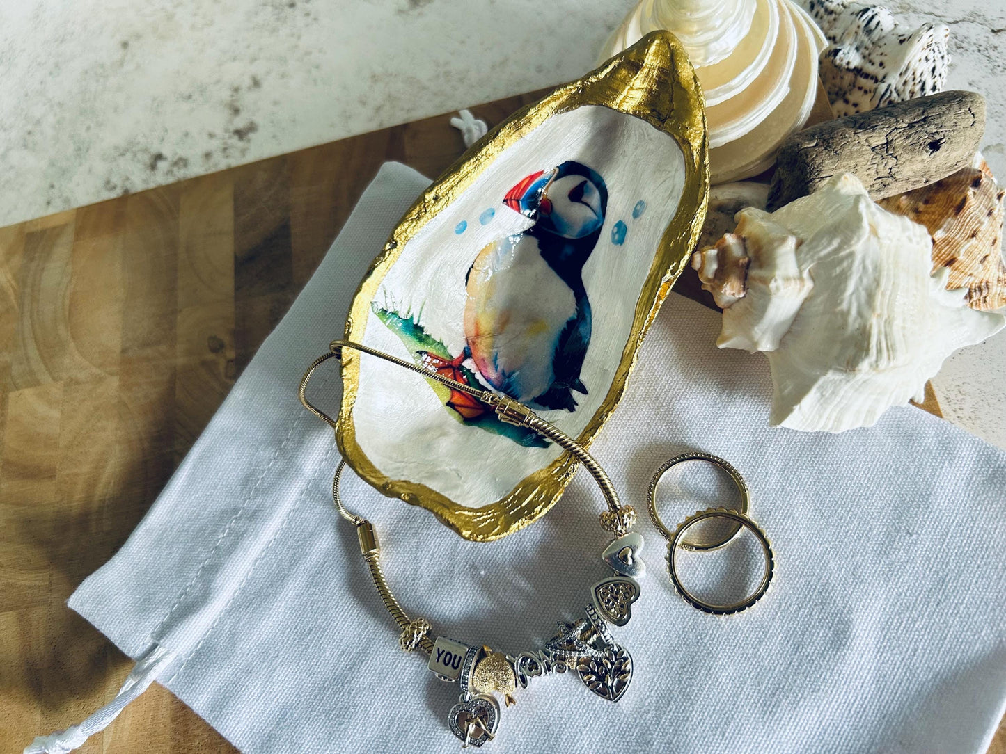 Puffin Oyster Shell Trinket Dish. Gold Beach House Decor Trinket Hilder.