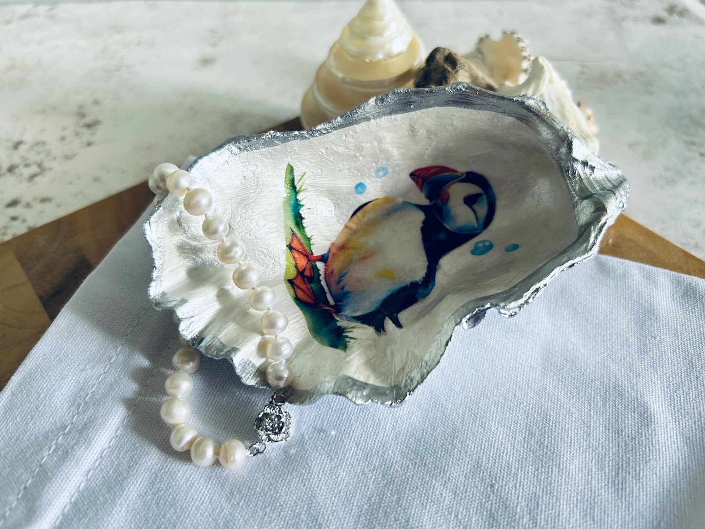 Silver Decoupage Puffin Oyster Shell Ring Dish. Beach House Trinket Holder.