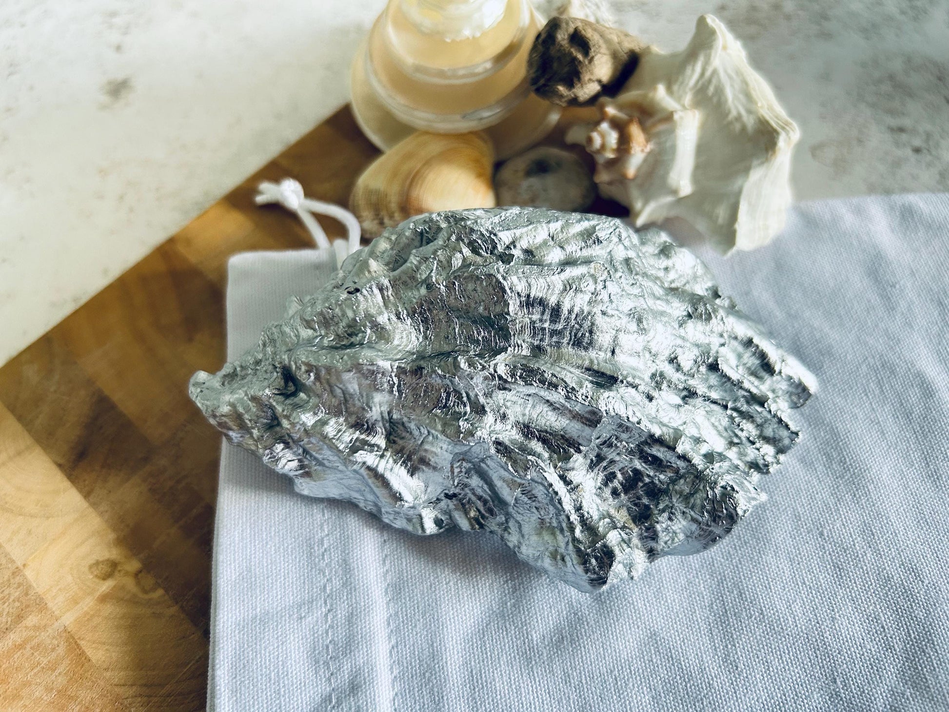 Silver Decoupage Puffin Oyster Shell Ring Dish. Beach House Trinket Holder.