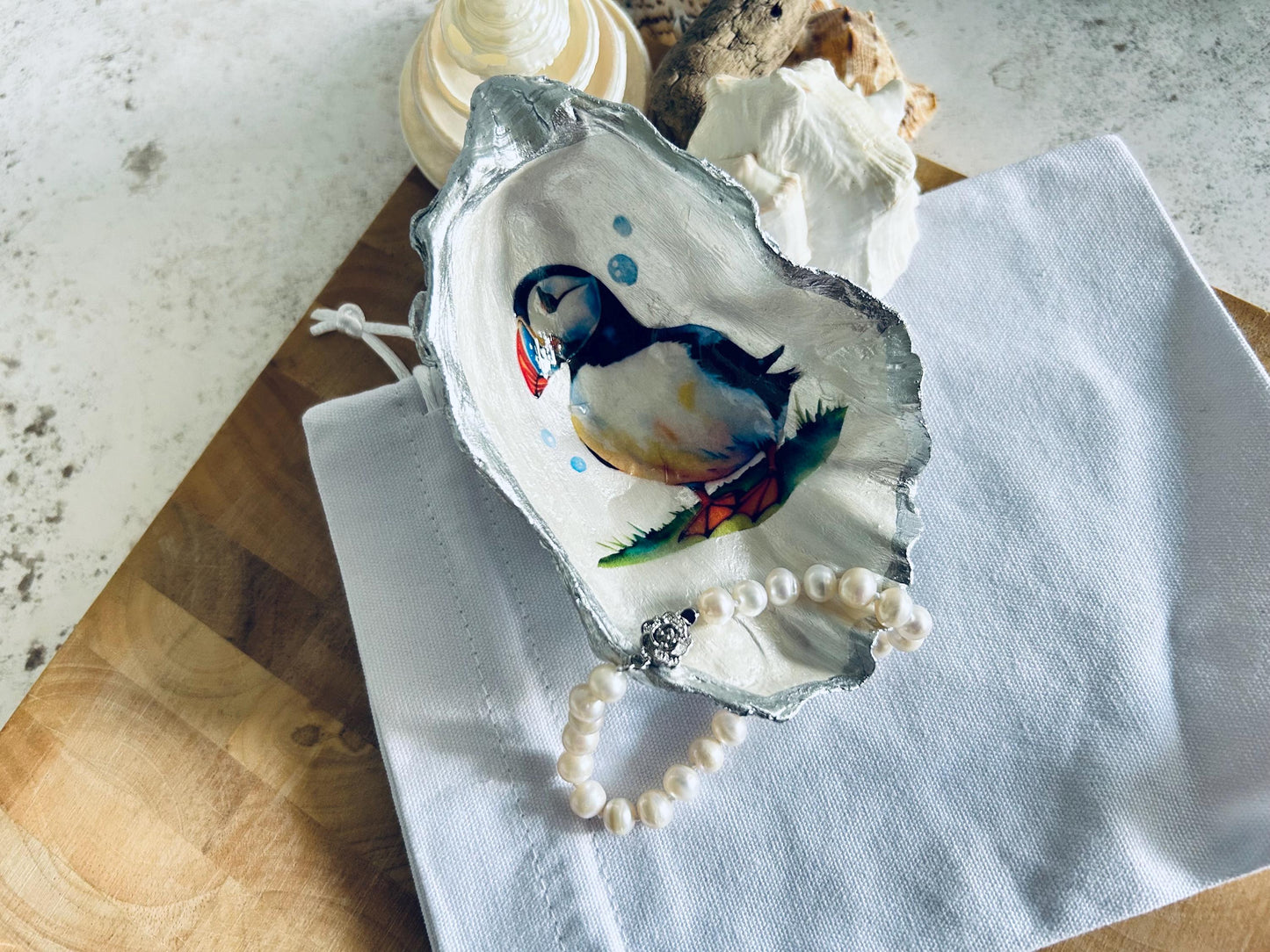 Silver Decoupage Puffin Oyster Shell Ring Dish. Beach House Trinket Holder.