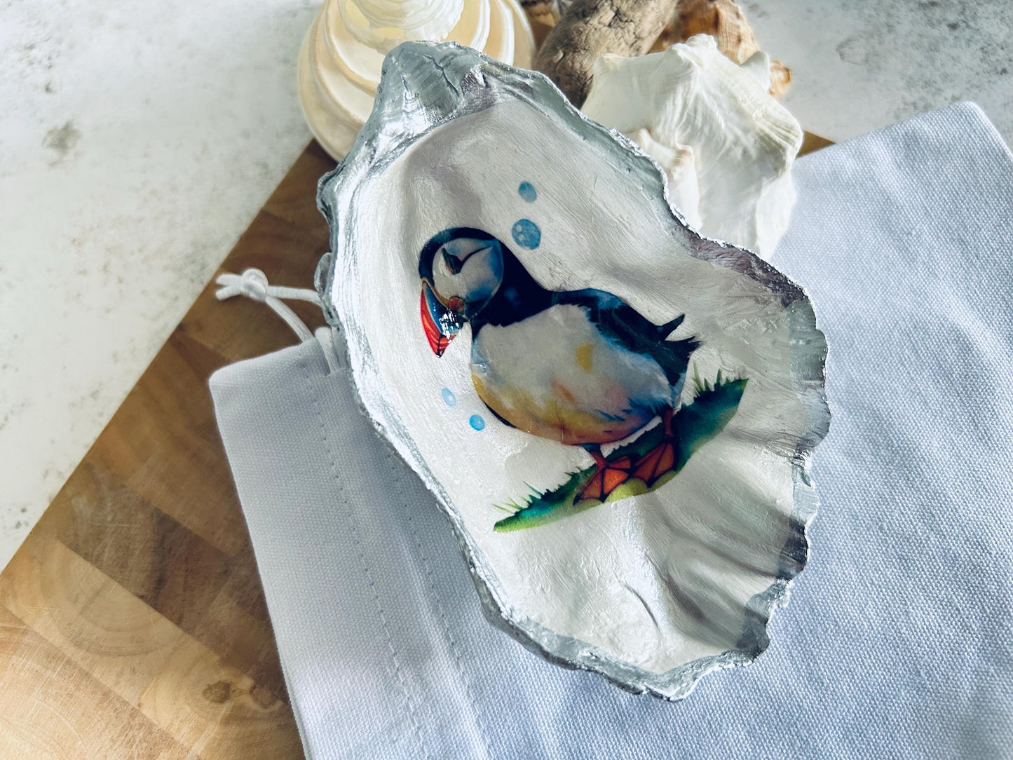 Silver Decoupage Puffin Oyster Shell Ring Dish. Beach House Trinket Holder.