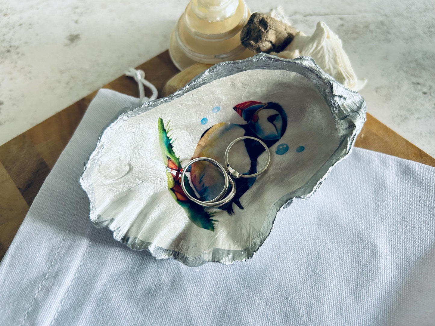 Silver Decoupage Puffin Oyster Shell Ring Dish. Beach House Trinket Holder.