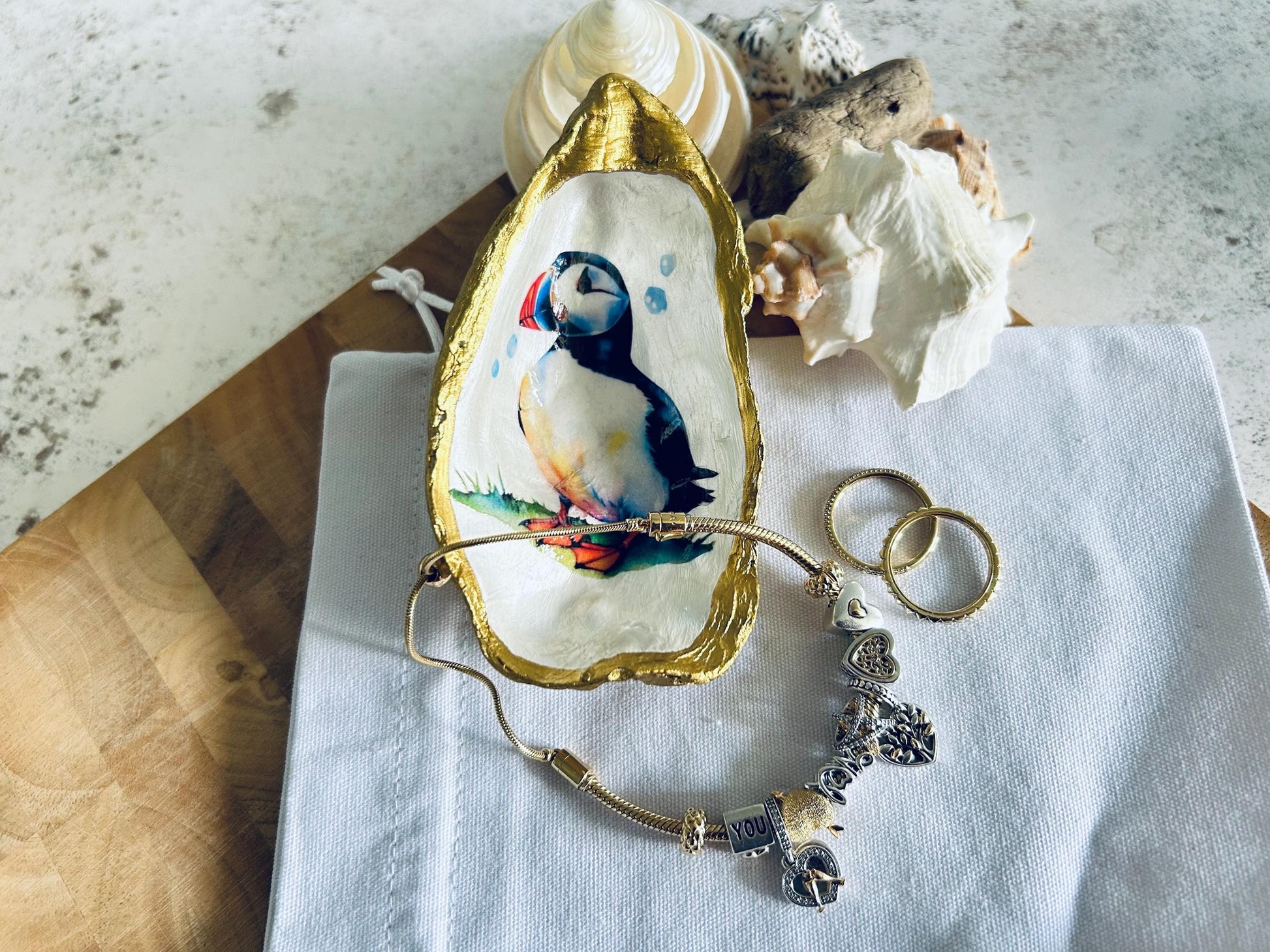Puffin Oyster Shell Trinket Dish. Gold Beach House Decor Trinket Hilder.