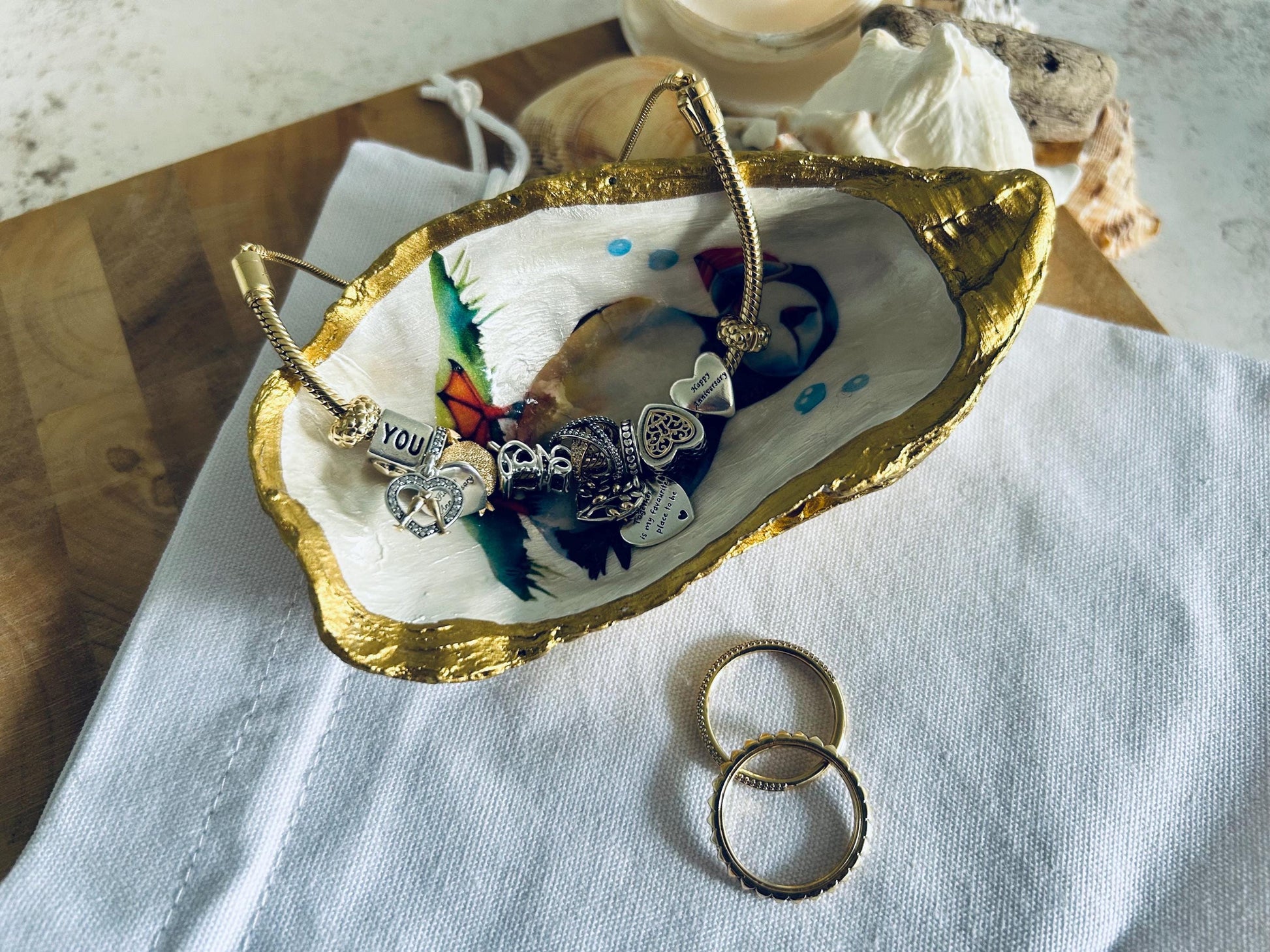 Puffin Oyster Shell Trinket Dish. Gold Beach House Decor Trinket Hilder.