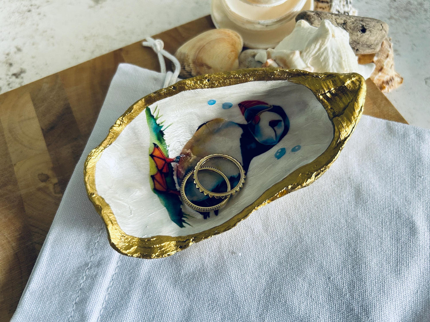 Puffin Oyster Shell Trinket Dish. Gold Beach House Decor Trinket Hilder.