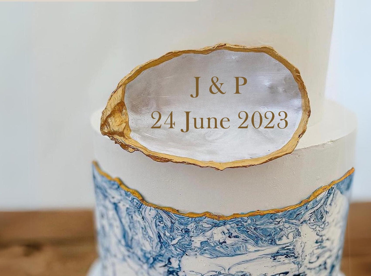 Personalised Gold Oyster Shell Cake Topper. Custom Beach Wedding Decoration.