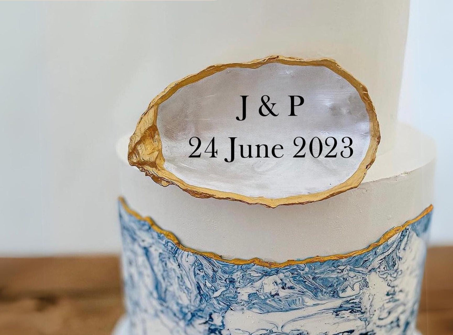 Personalised Gold Oyster Shell Cake Topper. Custom Beach Wedding Decoration.
