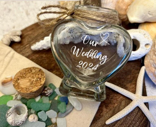 Beach Wedding Heart Sand Bottle. Personalised Honeymoon Destination Keepsake Jar.
