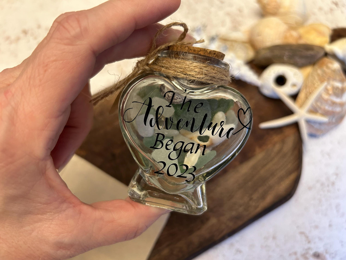 Personalised Heart Glass Sand Keepsake Jar. Beach Vacation Memory Bottle.