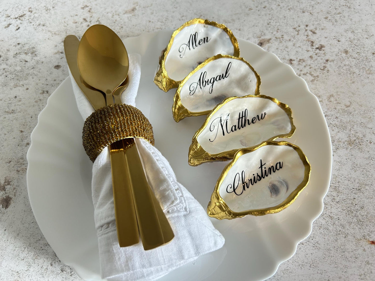 Personalised Antique Gold Oyster Shell Place Cards. Coastal Wedding Decor and Keepsake.