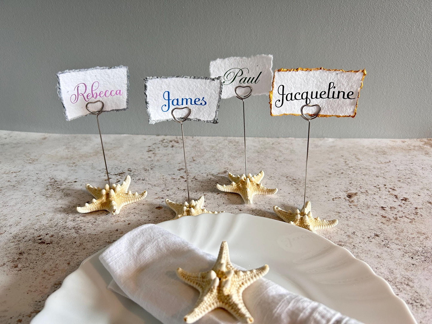 Starfish Place Card with Silver Holder. Beach Wedding Seeded Paper Name Place.