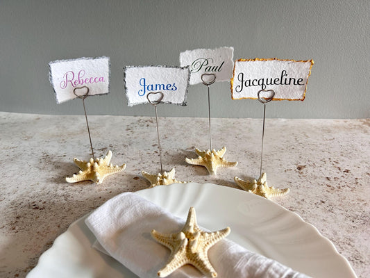 Starfish Place Card with Silver Holder. Beach Wedding Seeded Paper Name Place.