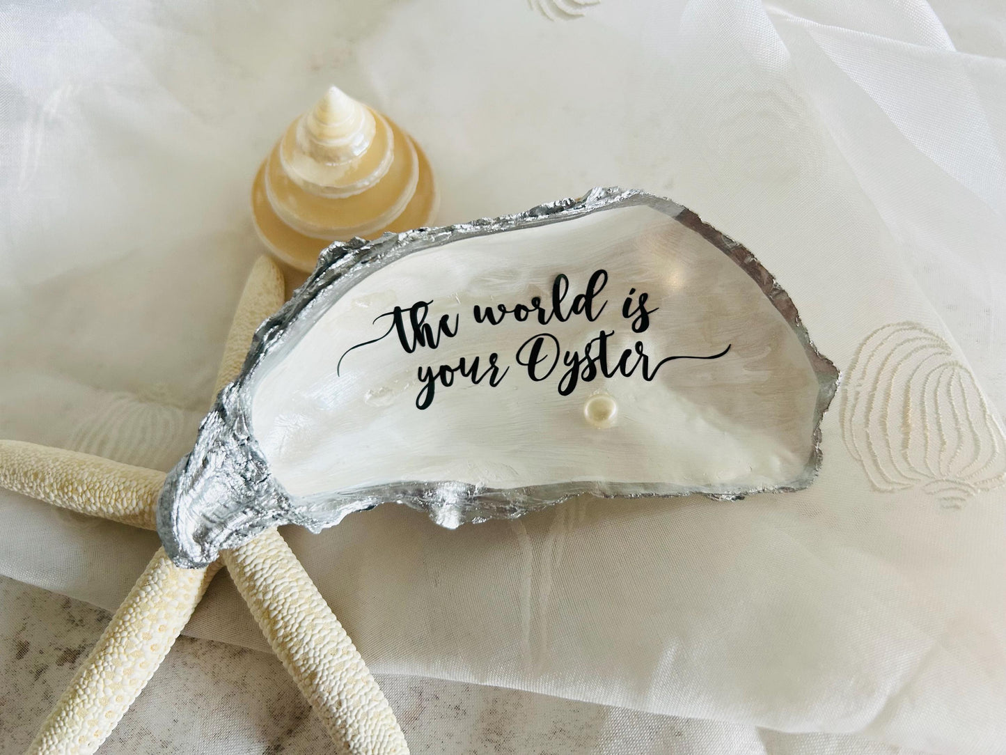 Silver Oyster Shell Dish. The World is Your Oyster with Freshwater Pearl. Graduation Gift.