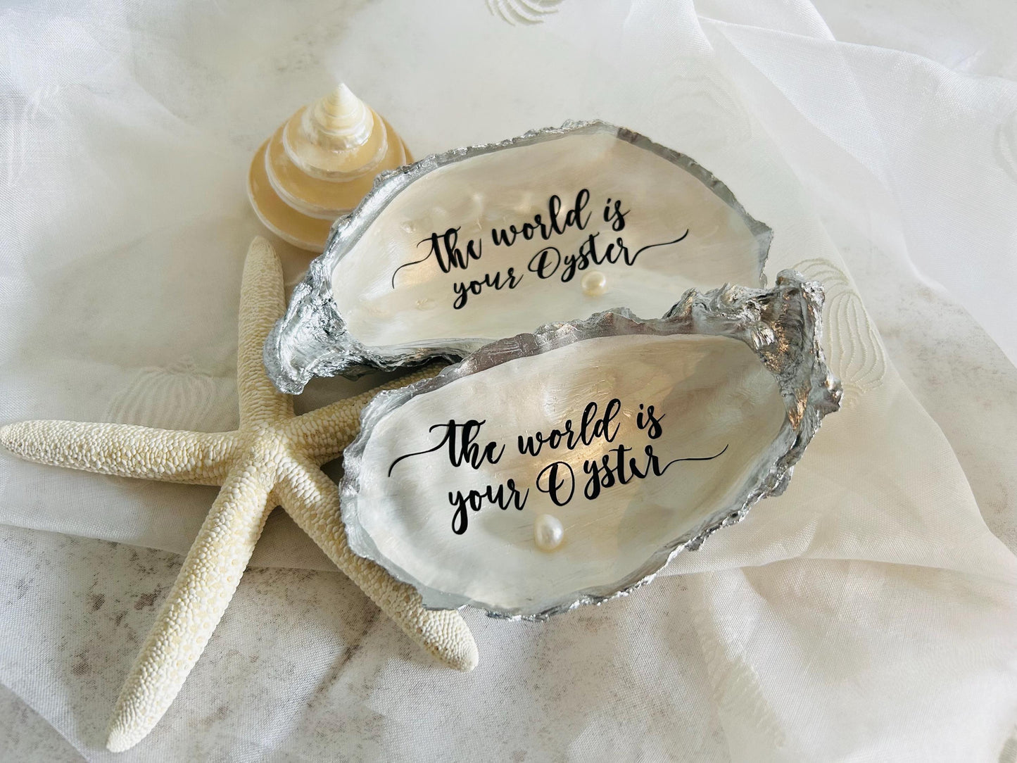 Silver Oyster Shell Dish. The World is Your Oyster with Freshwater Pearl. Graduation Gift.