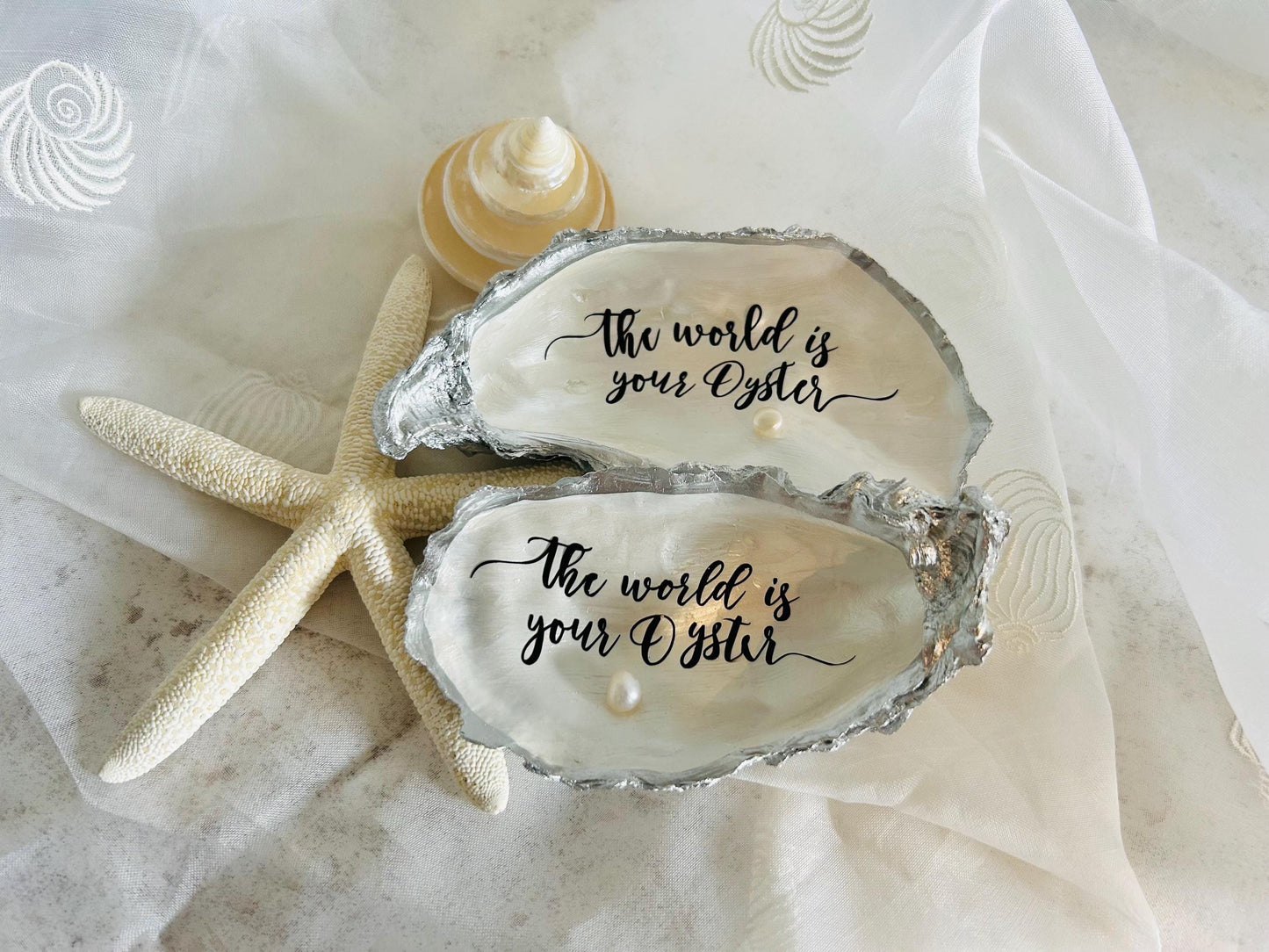 Silver Oyster Shell Dish. The World is Your Oyster with Freshwater Pearl. Graduation Gift.