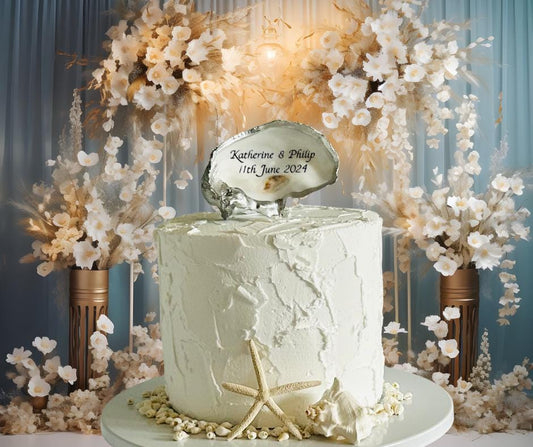 Personalised Silver Oyster Shell Cake Topper. Natural Double wedding Decor.