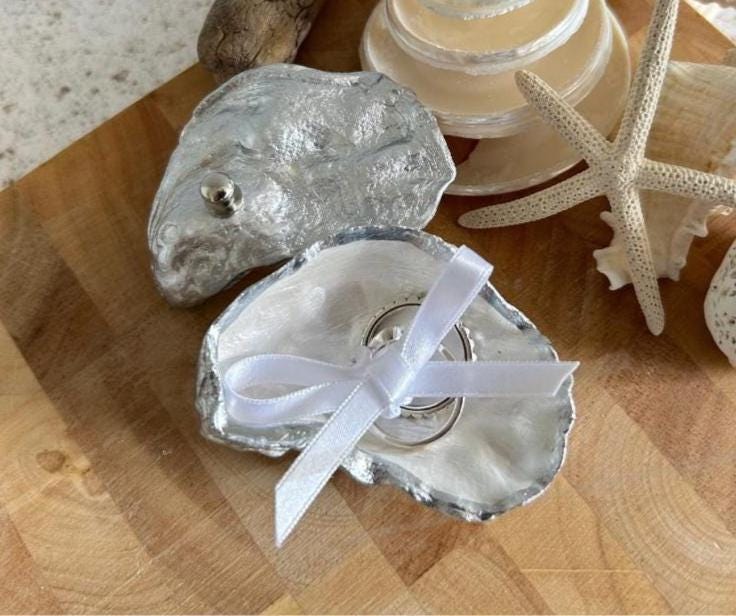 Silver Oyster Shell Ring Box. Beach Wedding Ring Bearer Holder.