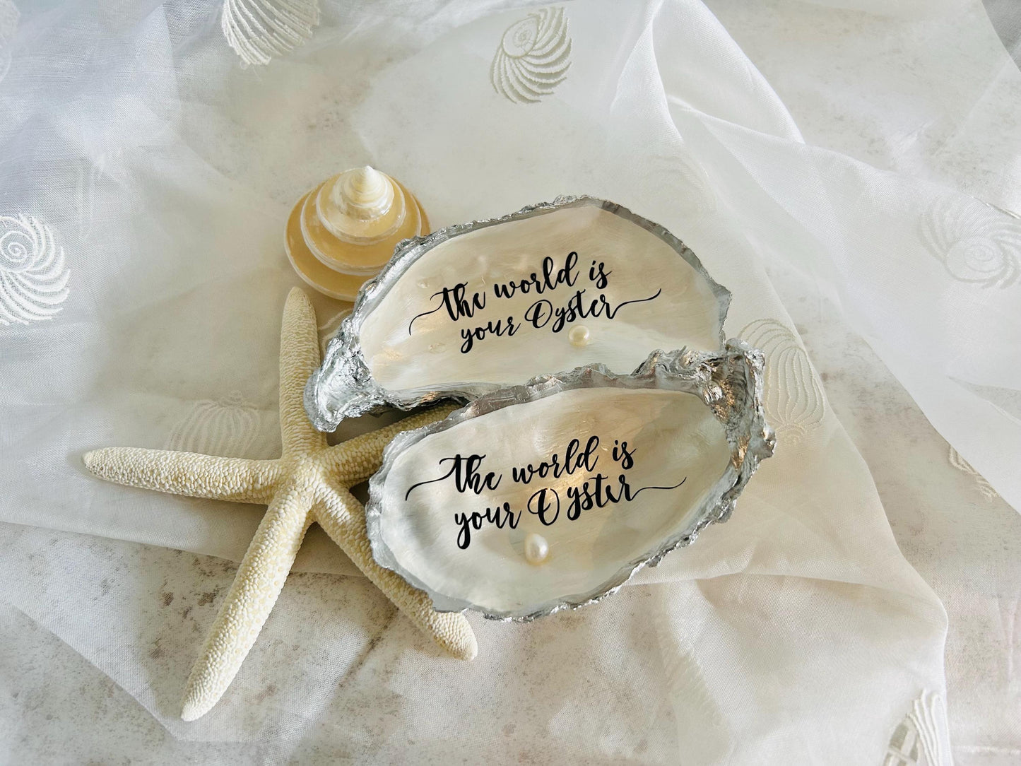 Silver Oyster Shell Dish. The World is Your Oyster with Freshwater Pearl. Graduation Gift.