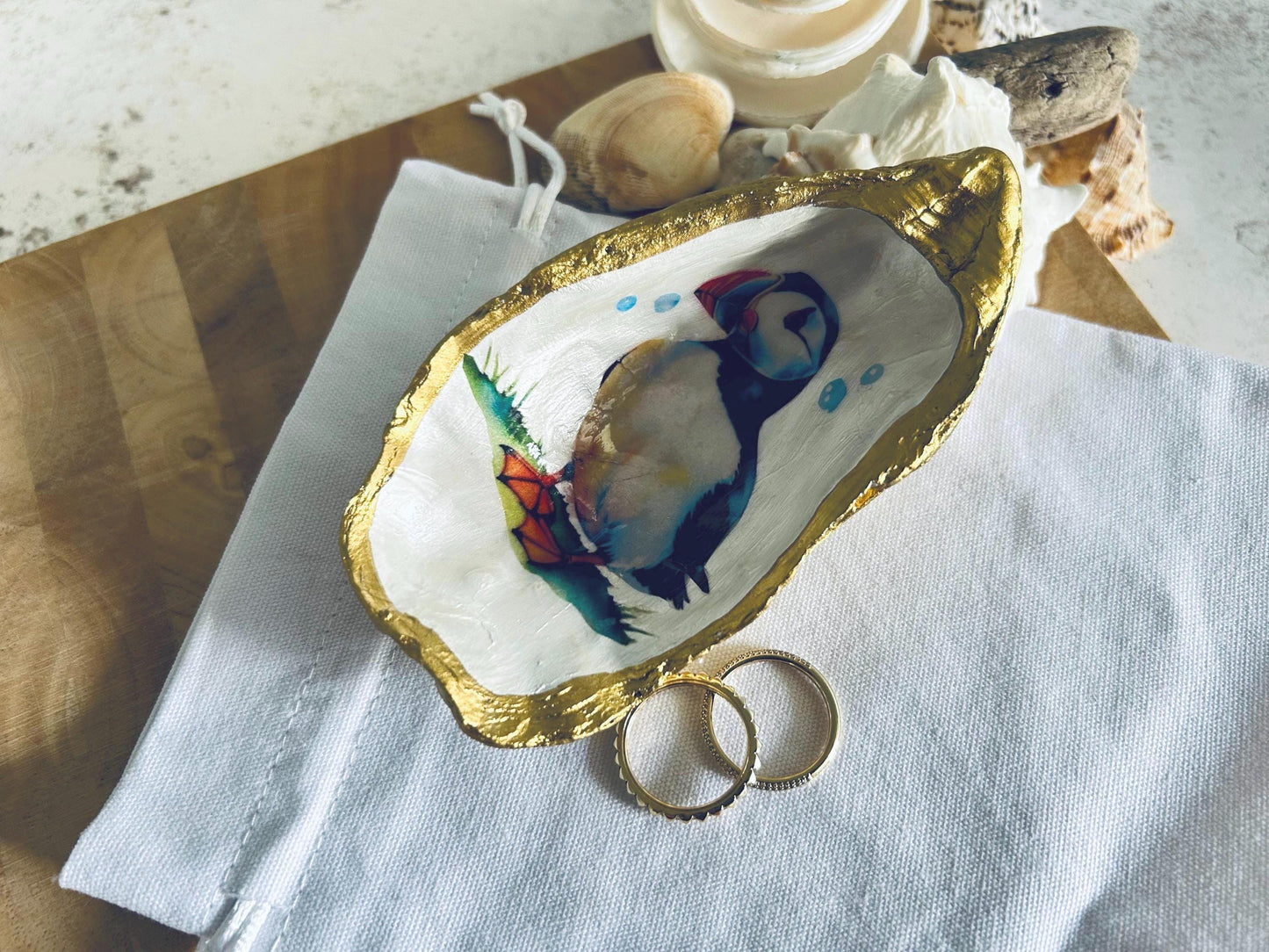 Puffin Oyster Shell Trinket Dish. Gold Beach House Decor Trinket Hilder.