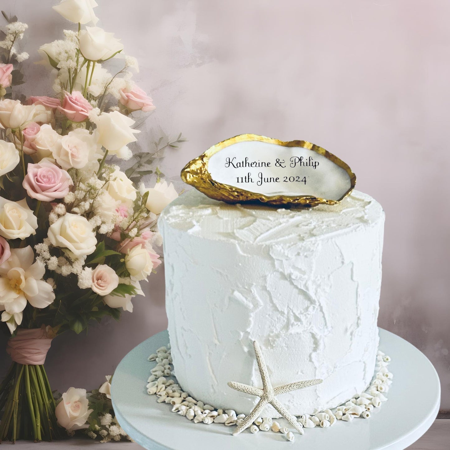 Antique Gold Oyster Shell Cake Topper. Custom Cake Ornament. Decoration for a Beach Wedding.