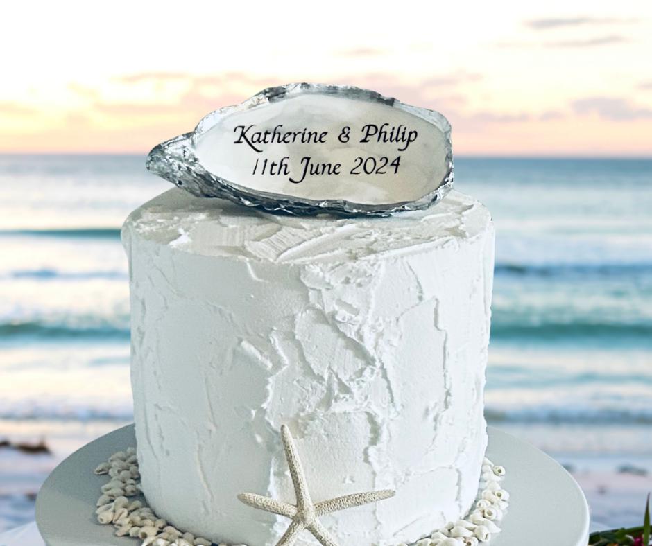 Personalised Silver Oyster Shell Wedding Cake Topper. Beach Theme Decoration.