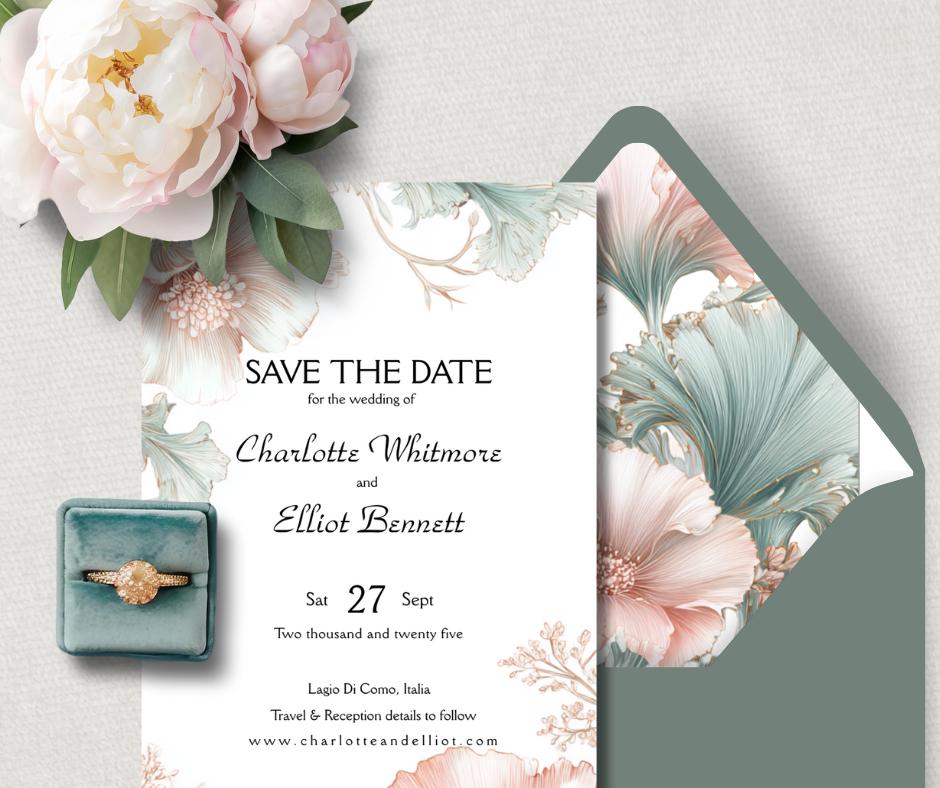 Sage Green and Blush Pink Wedding Invitation Suite. Editable Art Nouveau Canva Digital Download.