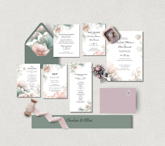 sage green and blush pink floral invitation, perfect for any destination these  colours are the perfect accent to give a hint of your wedding day. This bundle includes invitation, save the date, RSVP, wishing well, details card, menu, envelope liner and belly band.