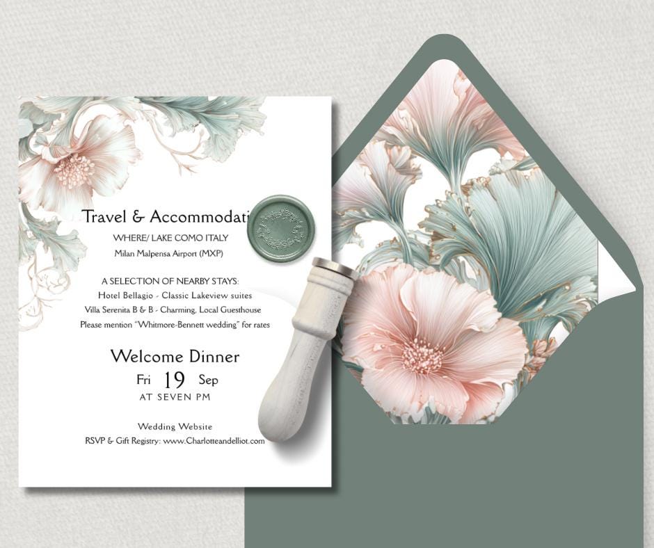 Sage Green and Blush Pink Wedding Invitation Suite. Editable Art Nouveau Canva Digital Download.