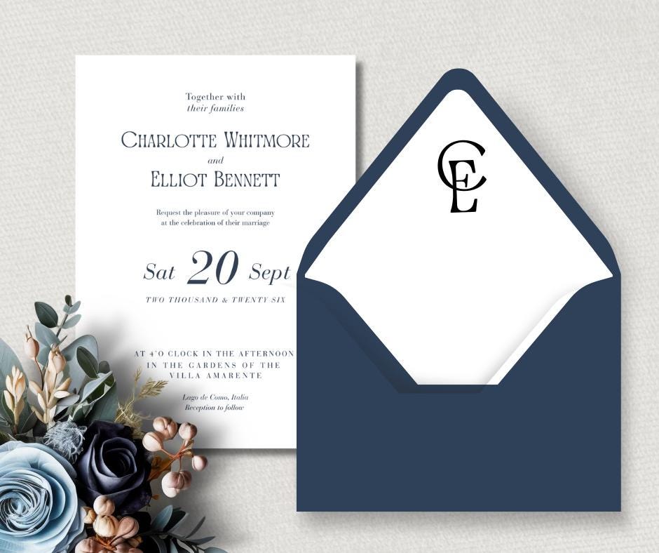 Navy Minimalist Wedding Bundle. Canva Editable Template, Digital Download. Modern Invitation Set.