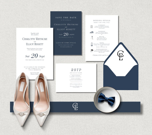 pure elegance, classic lines and vintage icons on the details card, white and navy gives this a luxurious look, perfect fit any black tie wedding! includes Invitation, RSVP, details card, save the date, envelope liner and belly band.