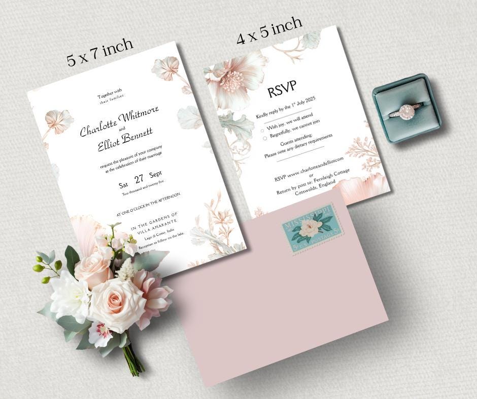 Blush Pink and Sage Green Wedding Invitation Set. Editable Art Nouveau Canva Digital Download.
