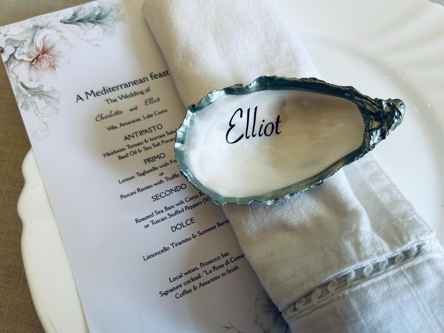 Personalised Green and Pink Oyster Shell Wedding Place Name. Guest Keepsake.