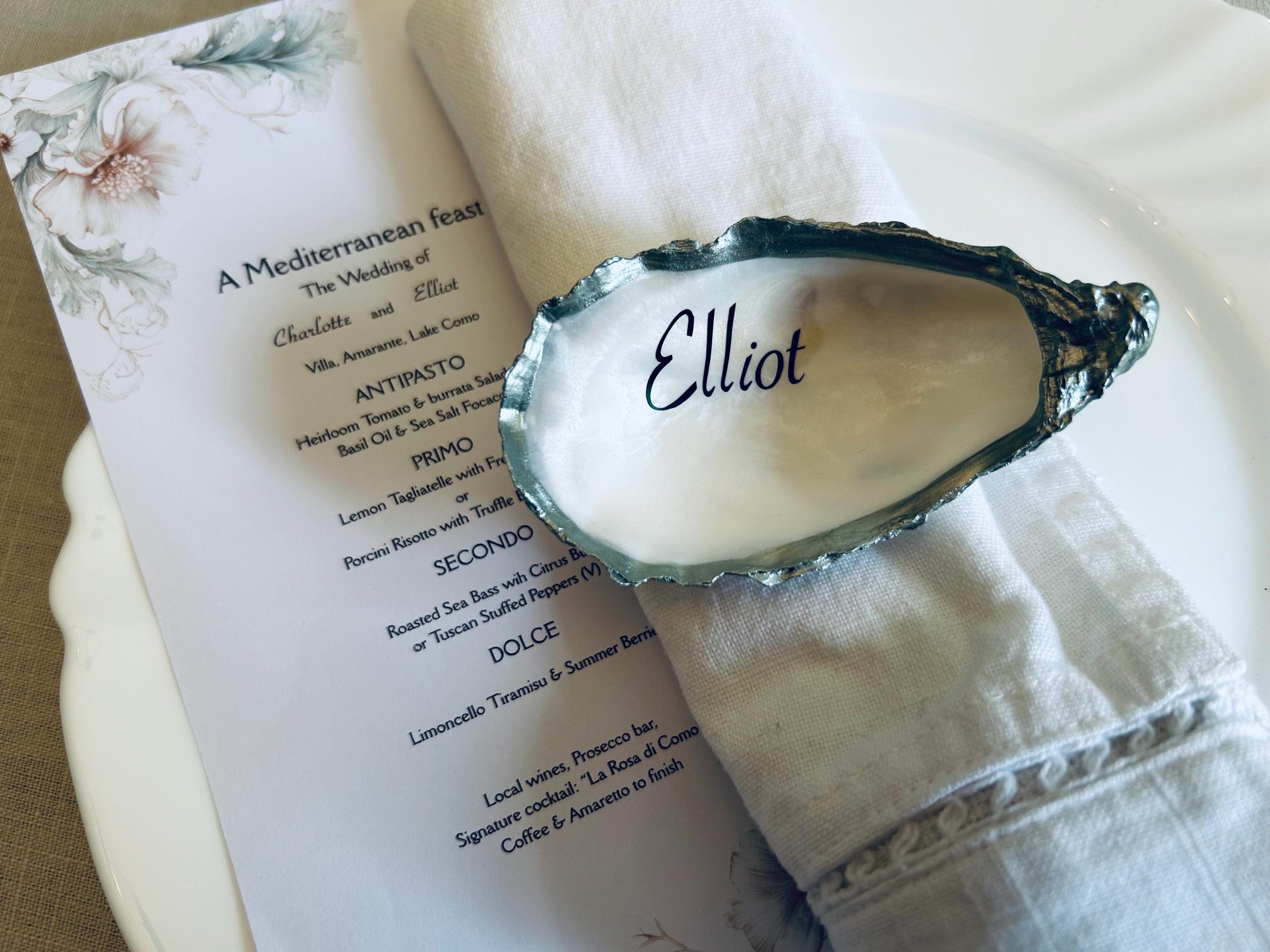 Personalised Green and Pink Oyster Shell Wedding Place Name. Guest Keepsake.