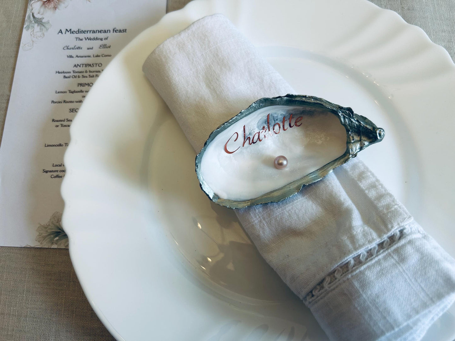 Personalised Green and Pink Oyster Shell Wedding Place Name. Guest Keepsake.