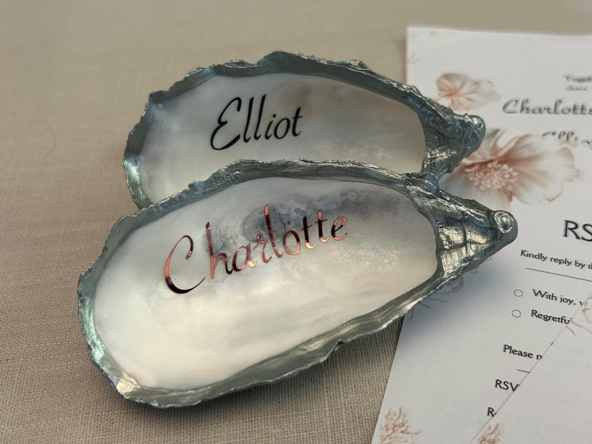 Personalised Green and Pink Oyster Shell Wedding Place Name. Guest Keepsake.