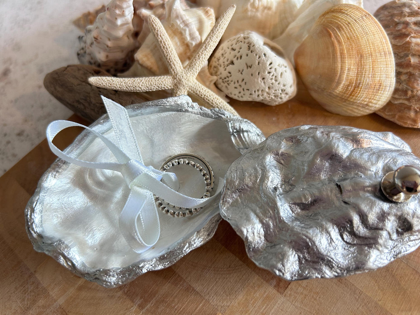 Silver Oyster Shell Ring Box. Beach Wedding Ring Bearer Holder.