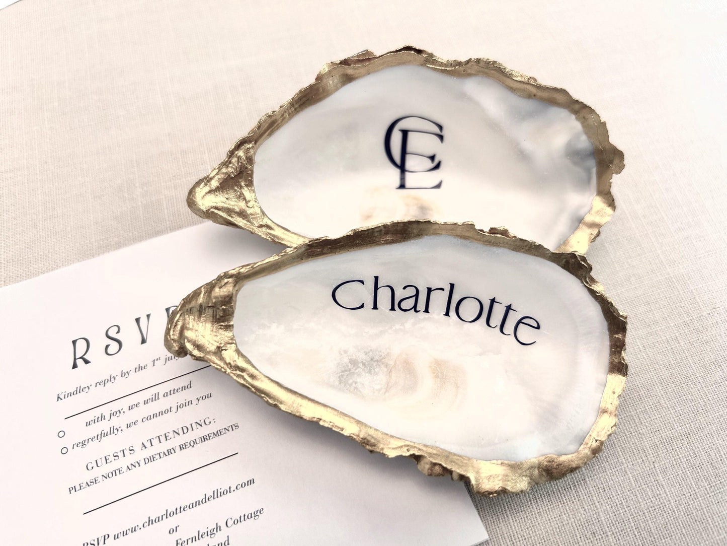Gold Oyster Shell Place Cards. Personalised Wedding Name Place. Coastal Favour Gift.