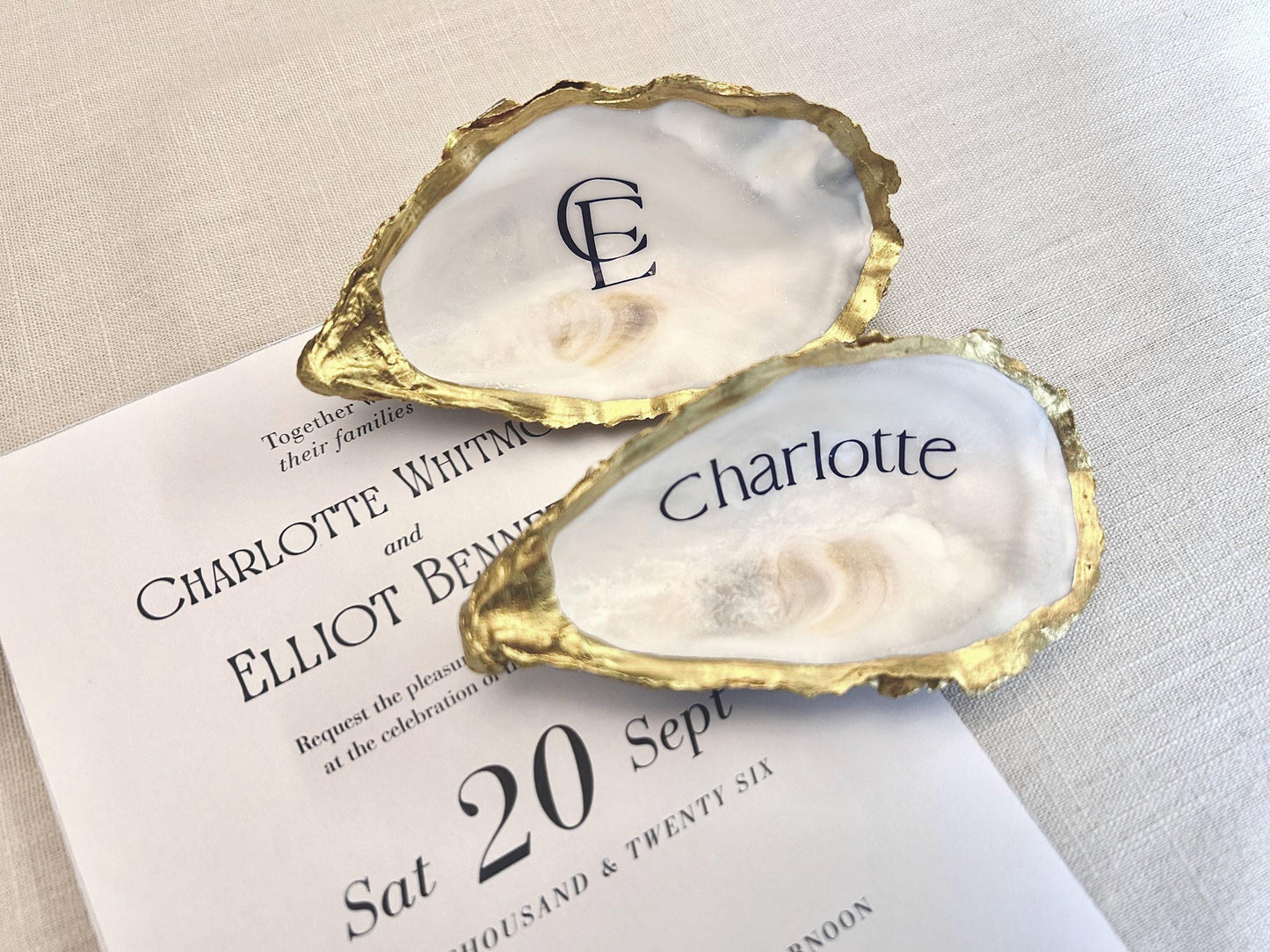 Gold Oyster Shell Place Cards. Personalised Wedding Name Place. Coastal Favour Gift.