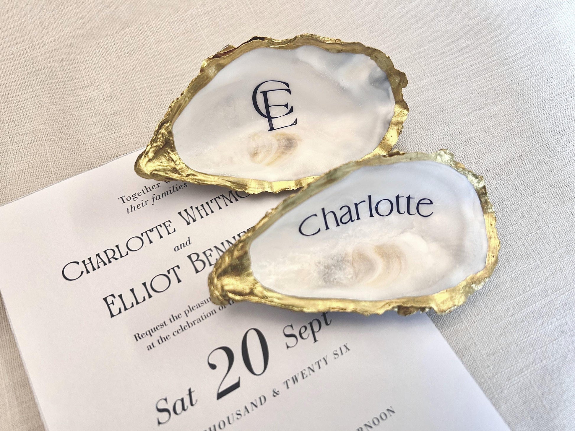 Gold Oyster Shell Place Cards. Personalised Wedding Name Place. Coastal Favour Gift.