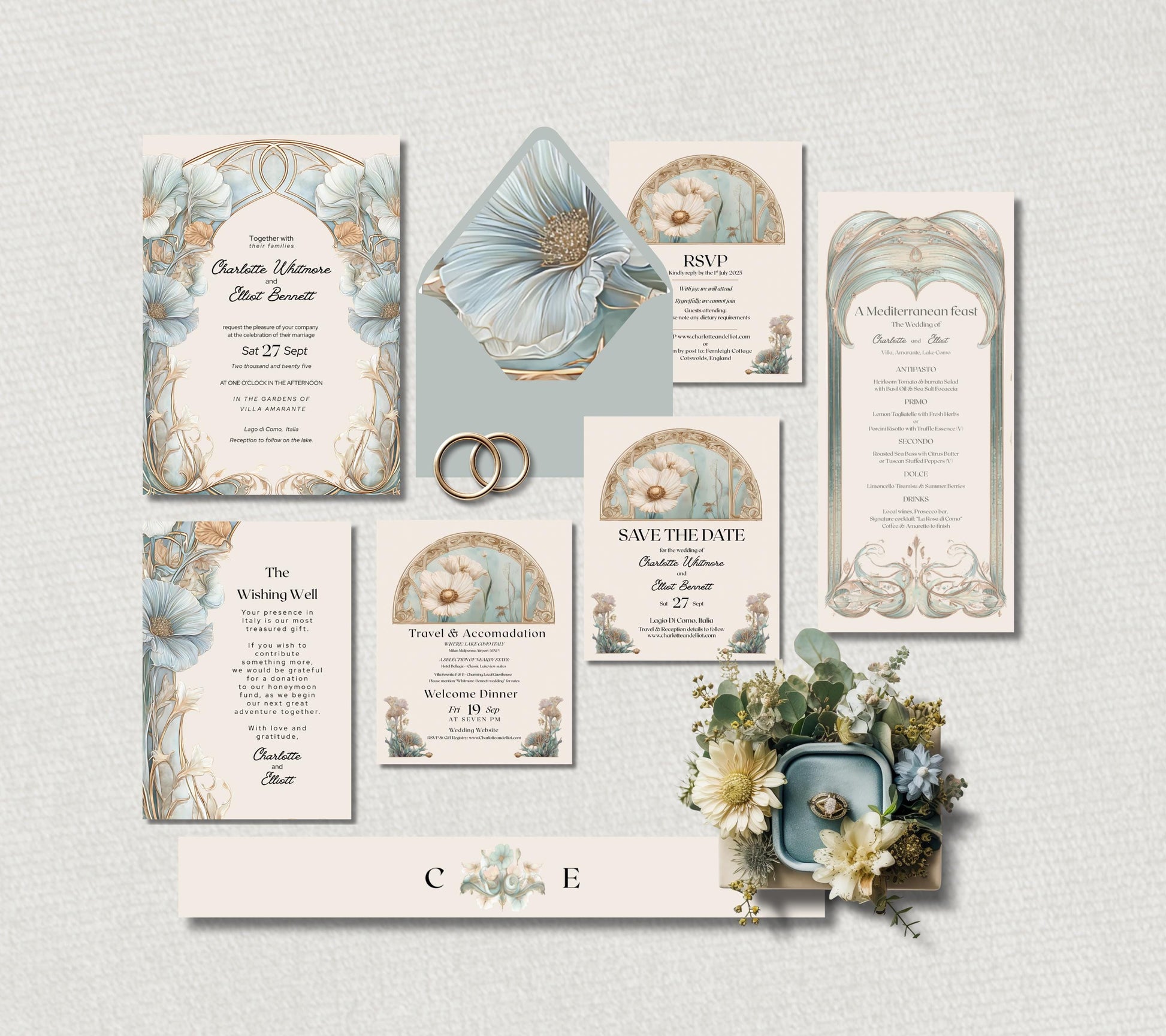 Dusky Blue art nouveau floral arch way invitation suite. featuring an invitation, wishing well, RSVP. save the date, details card,  band  and envelope liner.