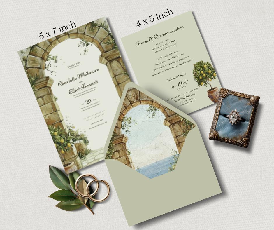 Mediterranean Sage Green Wedding Invitation Suite. Editable Canva Template. Tuscan Destination Bundle. Digital Download.